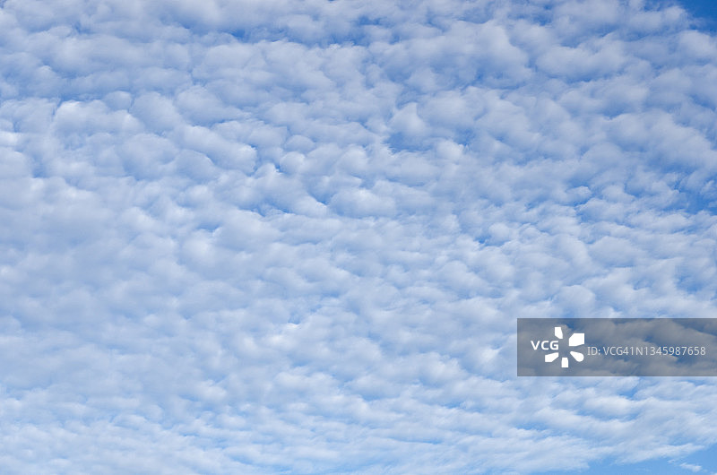蓝色天空下的白色卷积云低角度全景图片素材