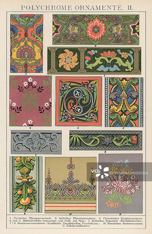 多色装饰品古老彩色石印插图图片素材