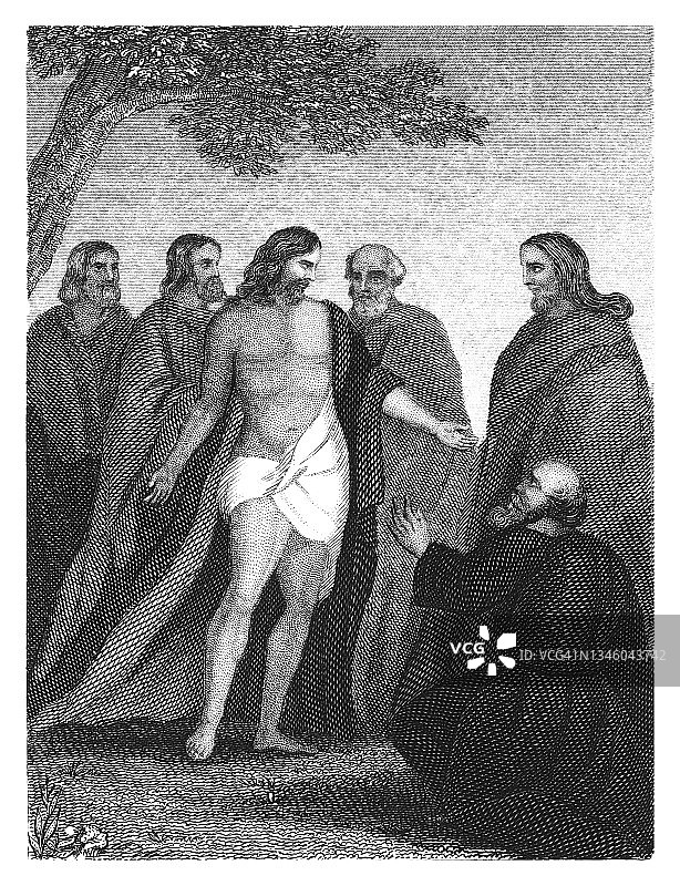 耶稣说——看我的手和我的脚古老雕刻插图图片素材