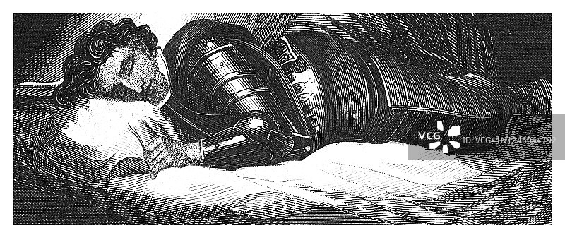 沉睡男人的雕刻插图图片素材