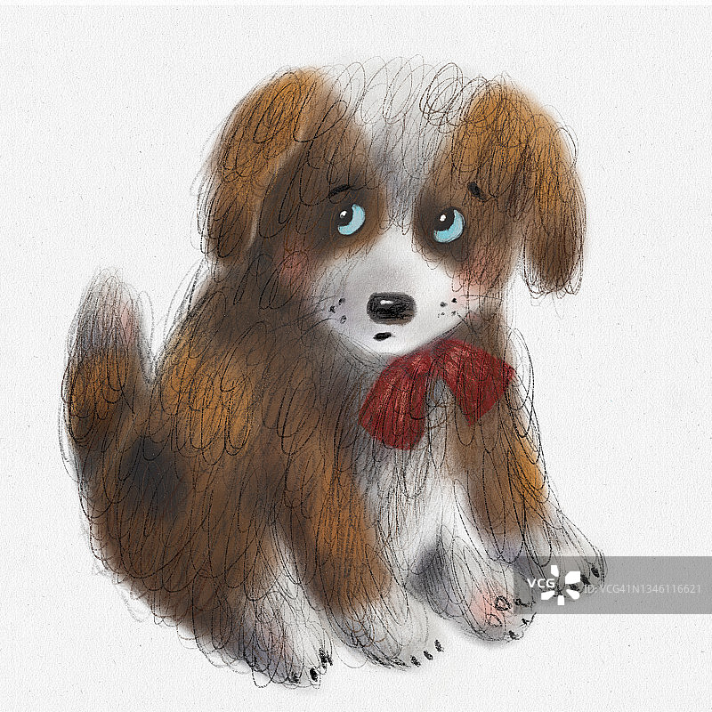 系着红色蝴蝶结的伯尔尼山地犬幼犬：彩色铅笔儿童插画艺术图片素材