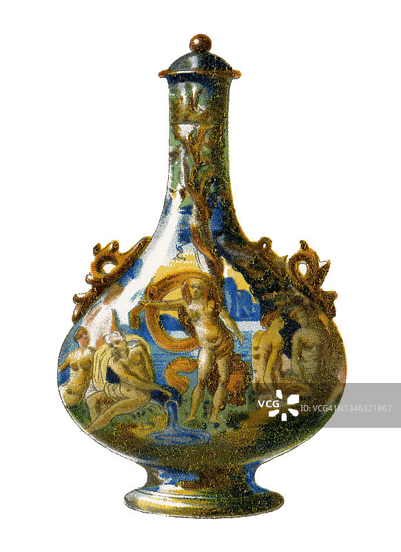 老式彩色石印插图：马约利卡陶器花瓶图片素材