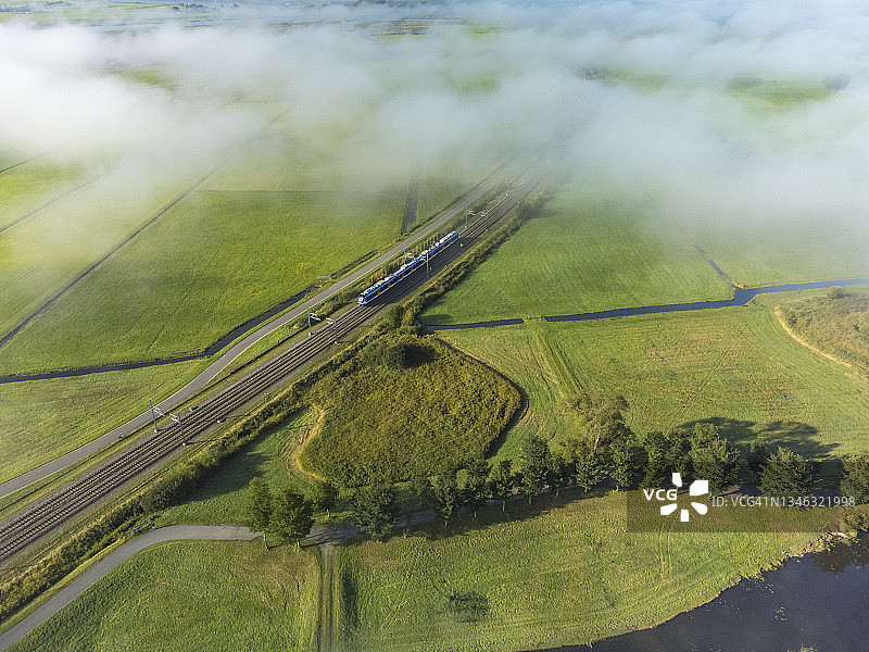 从上方俯瞰，行驶在乡村的荷兰铁路NS列车图片素材