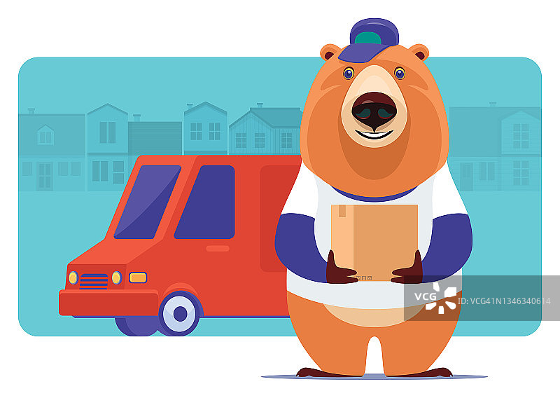 抱着纸箱的快递熊和迷你货车图片素材