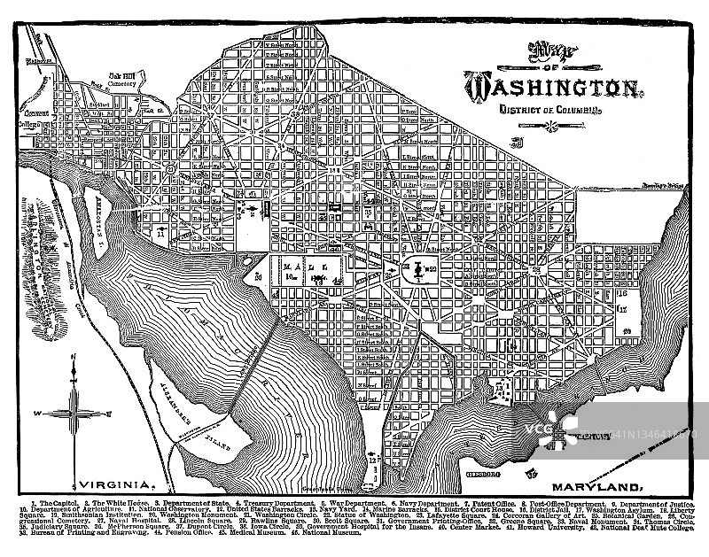 哥伦比亚特区华盛顿特区地图古老雕刻插图图片素材