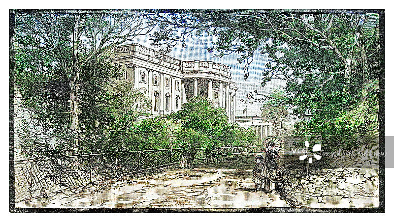 美国华盛顿白宫南立面老式插画图片素材