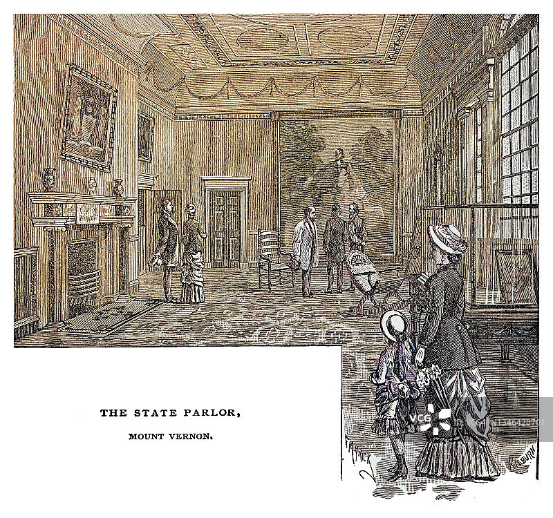 弗农山古董插画：美国地标乔治·华盛顿故居室内景象图片素材