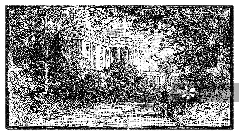 美国华盛顿白宫南立面老式插画图片素材