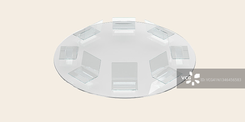 高角度视图2.5D矢量设计：透明圆桌与笔记本电脑图片素材