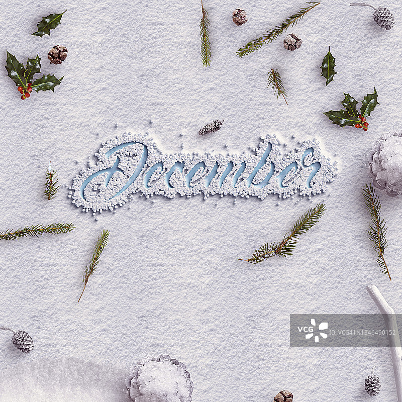 雪地上的“十二月”字样与圣诞装饰品图片素材