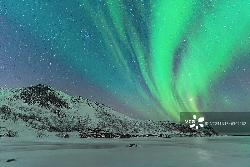 挪威罗弗敦群岛的冬夜北极光图片素材