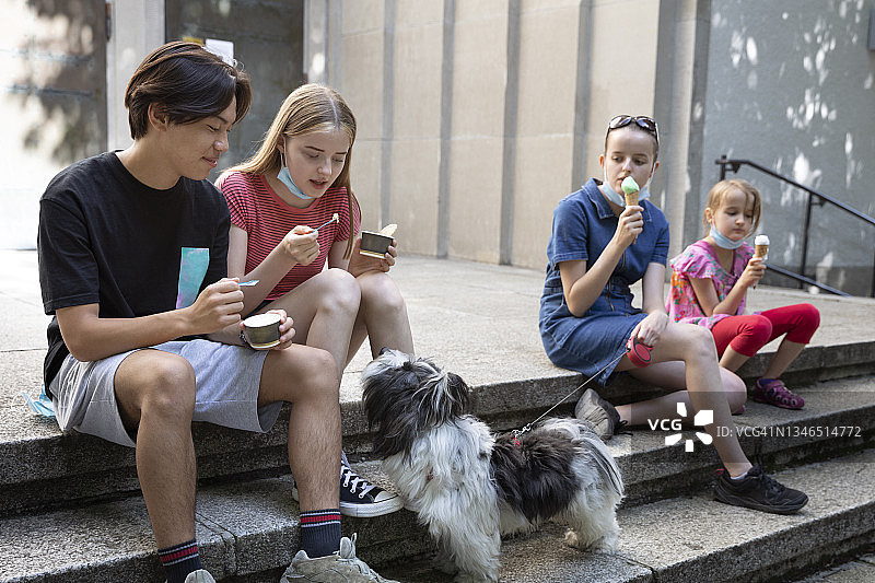 宠物狗渴望地看着一群青少年和儿童在城市的水泥台阶上吃外卖冰淇淋。图片素材