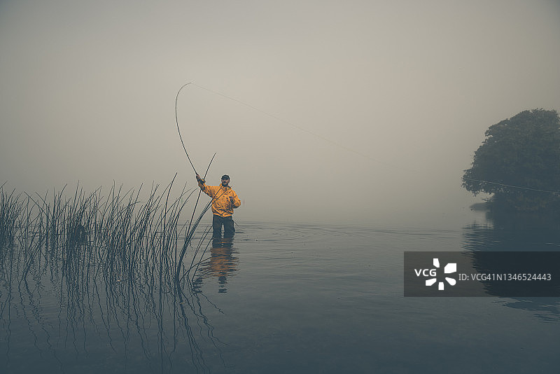晨雾中飞蝇钓鱼图片素材