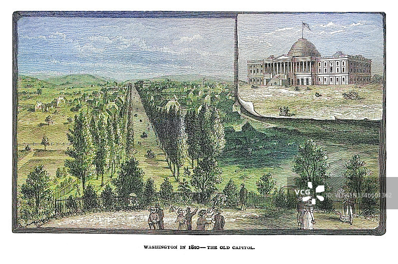 1812年战争期间被焚毁的国会大厦旧插画，华盛顿图片素材