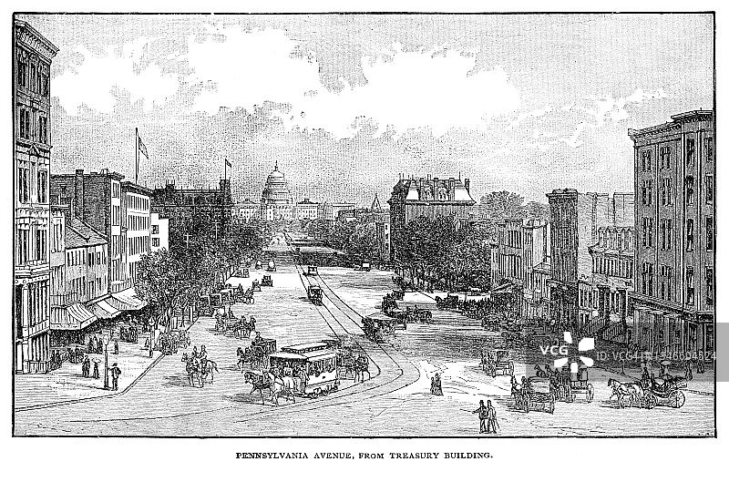 从财政部大楼眺望华盛顿特区宾夕法尼亚大道古版画插图图片素材