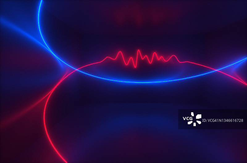黑暗房间中半圆形的心跳或直方图形式的霓虹光线图片素材