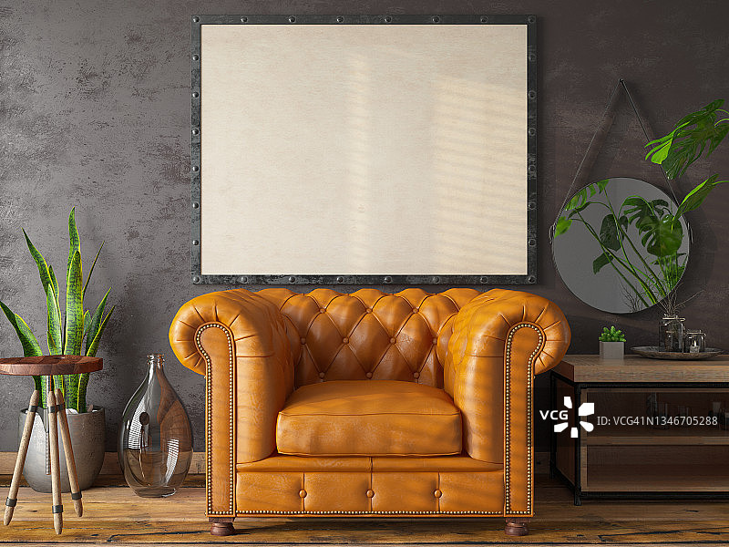 舒适的房间，配有皮扶手椅和空白相框图片素材