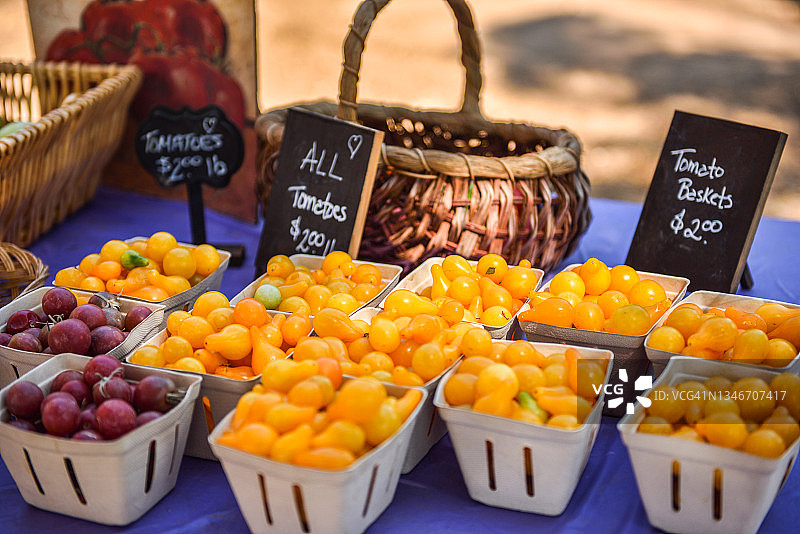 新鲜采摘的黑樱桃和黄梨番茄，准备在农产品摊位出售图片素材