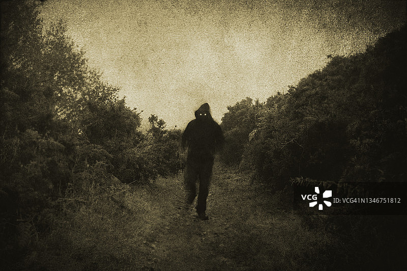 恐怖概念：超自然恶魔带着发光的眼睛冲向相机图片素材