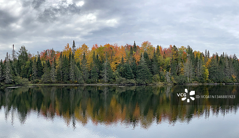 美国新罕布什尔州安德罗斯科金河畔的树木倒影图片素材