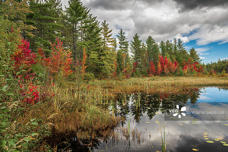 缅因州巴克斯特公园秋色池塘图片素材