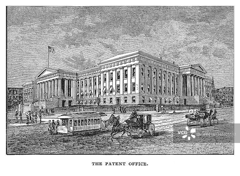 老式雕刻插图：美国华盛顿特区专利局大楼图片素材