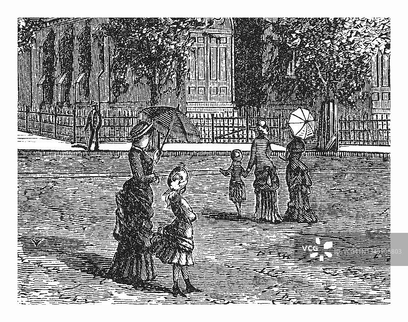 城市街道行人老式雕刻插图图片素材