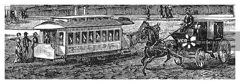 城市街道行人老式雕刻插图图片素材