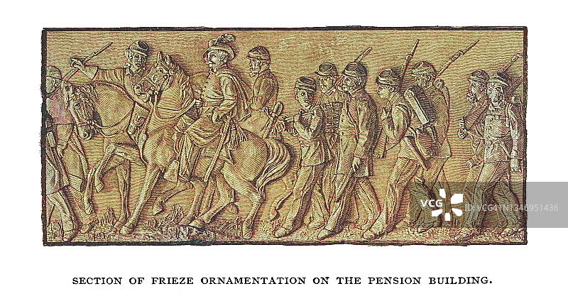 美国华盛顿特区养老金大厦的壁饰装饰截面古老版画图片素材