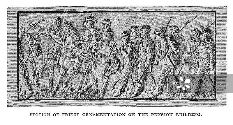 美国华盛顿特区养老金大厦的壁饰装饰截面古老版画图片素材