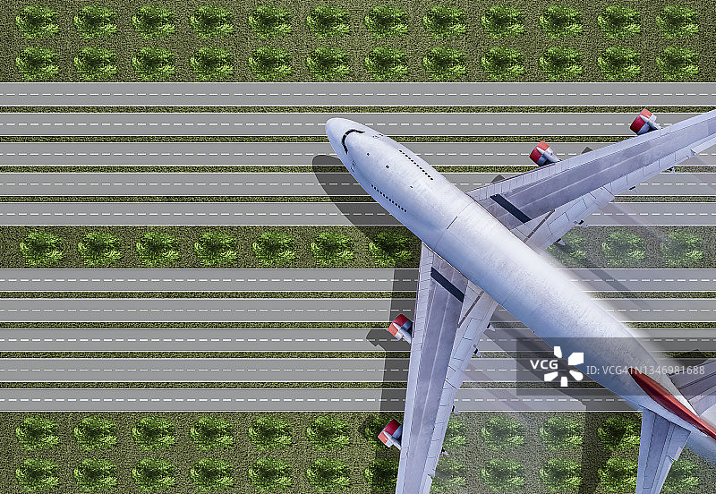 插画：一架大型飞机飞越高速公路图片素材