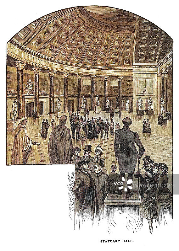 美国国会大厦雕像厅平面图老插画，华盛顿特区图片素材