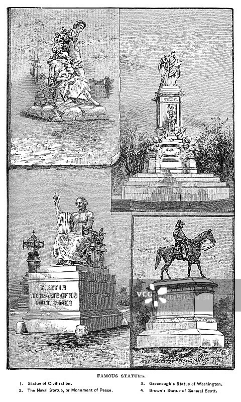 华盛顿特区著名雕像老式雕刻插图图片素材