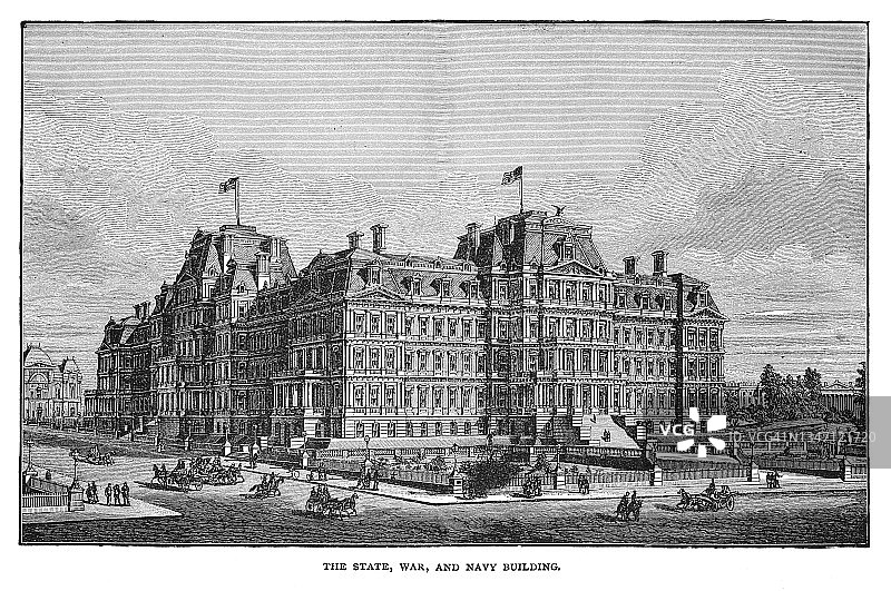 美国华盛顿州、战争部和海军部大楼古老雕刻插图图片素材