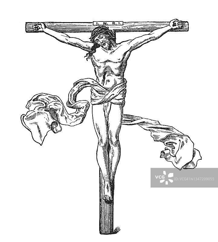 被钉在十字架上的耶稣基督：古老的版画插图图片素材