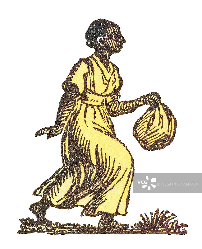 携带包裹的妇女的古老雕刻插图图片素材