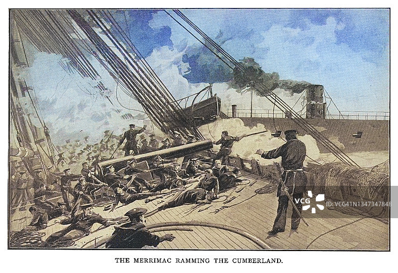 美国内战期间的海战：1862年3月8日，“梅里马克”号撞击联邦单桅船“坎伯兰”号图片素材