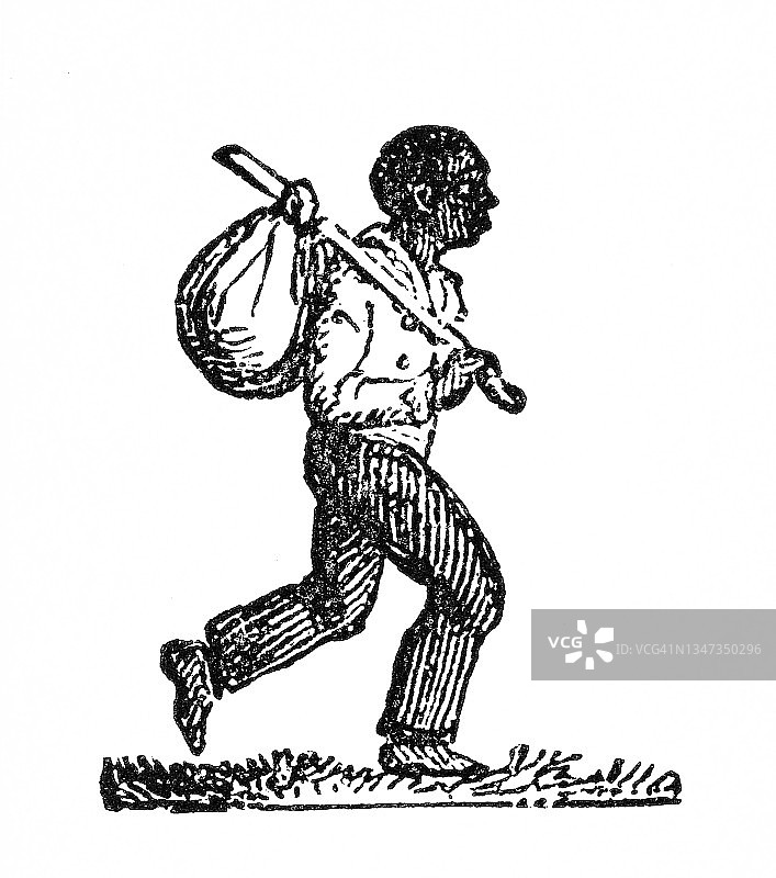 一个男人携带包裹的古老雕刻插图图片素材