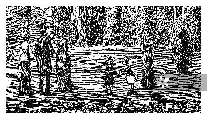 在公园里休闲的儿童古版画图片素材