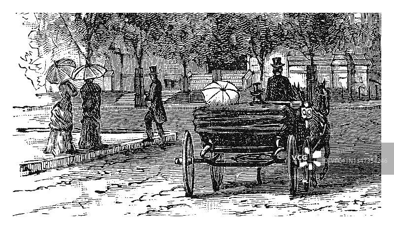 城市街道行人老式雕刻插图图片素材