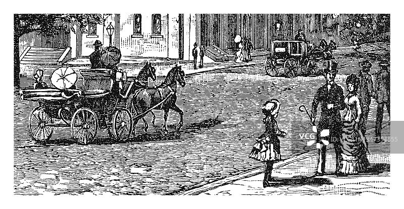 城市街道行人老式雕刻插图图片素材