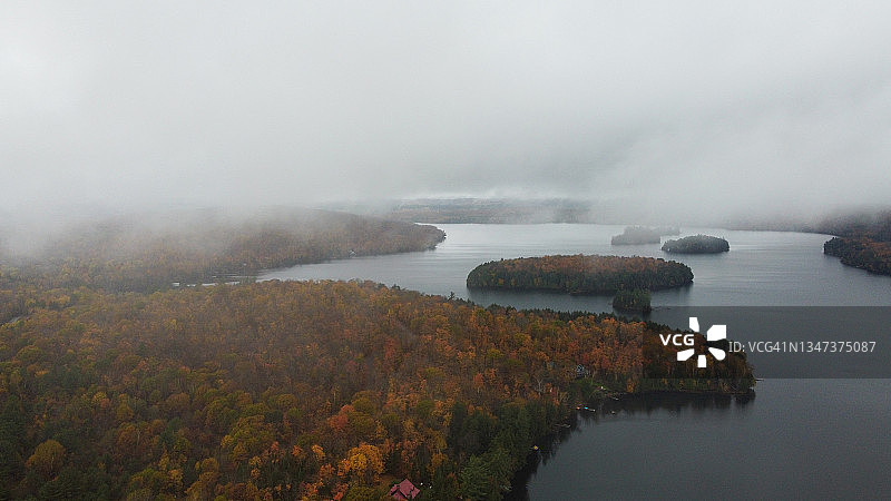 秋季森林中色彩斑斓的湖泊航拍景色图片素材