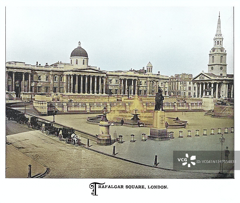 英国伦敦特拉法加广场的旧插图图片素材