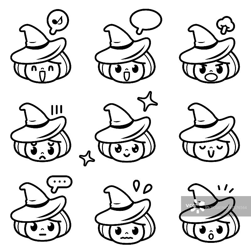 可爱的女巫黑色和白色九种面部表情万圣节图标集图片素材