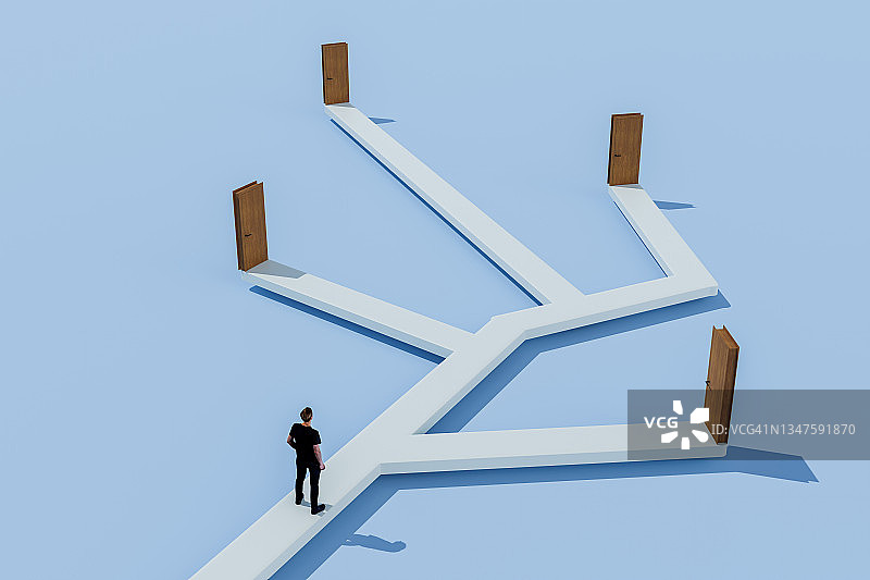 男人寻找正确的门，选择和决定图片素材