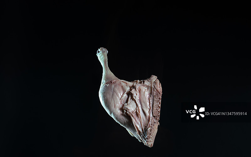 黑色背景中在半空中飞行的鸭腿图片素材