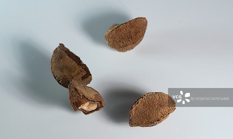 白色背景下半空飞舞的巴西坚果图片素材