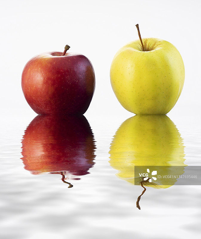 白色背景下水面上的红黄苹果倒影图片素材