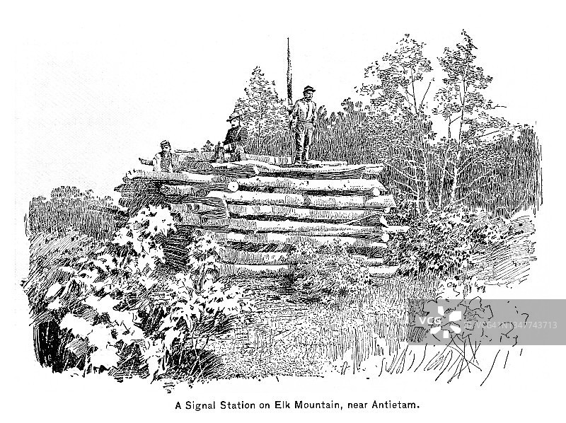 马里兰州安提耶坦附近麋鹿山的信号站古老雕刻插图图片素材