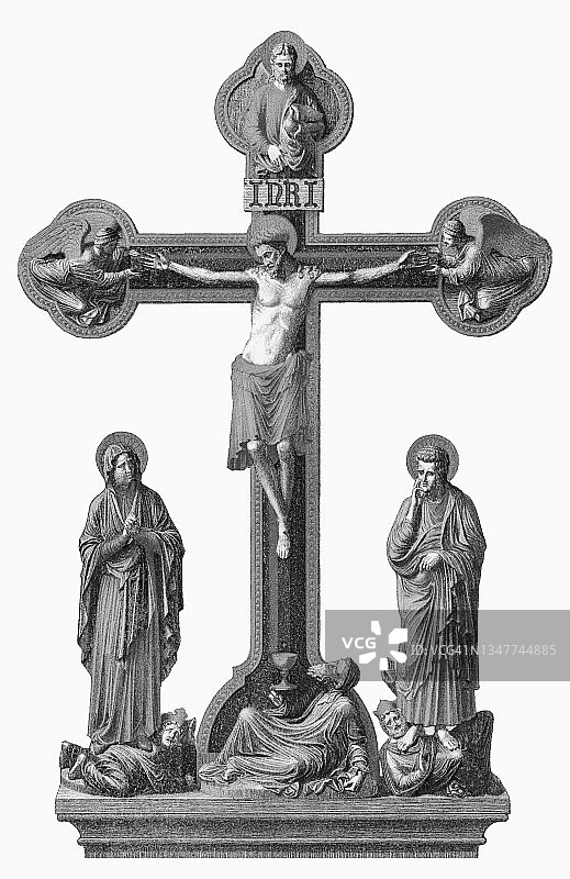 古老彩色石印插图：十字架上的基督图片素材